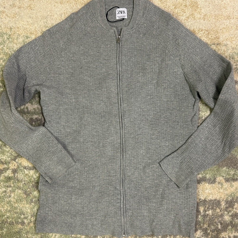 ZARA minimal waffle knit zip cardigan sweater